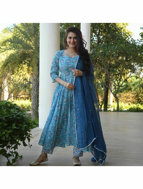 Shri Krishna Fabric Women's Cotton Printed Anarkali Front Slit Kurti With Pant & Dupatta Set