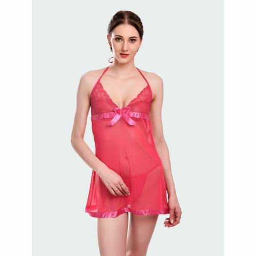 Bureaucrat Women's Nylon Classic Hot Women Sexy Baby Doll Dress Nightwear| Designer Lace Short Nighty for Women (Pack of 1) Color-Red-Sz-L Sheer