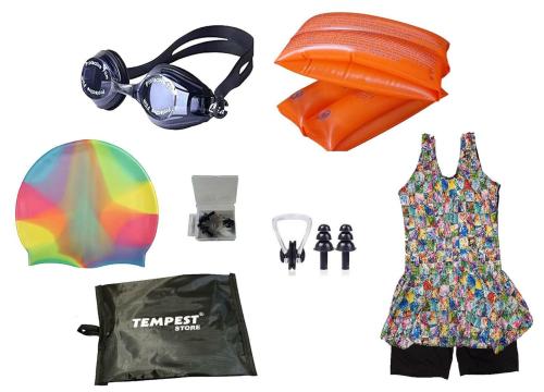 TEMPEST Girls's Swimming Kit 1 Printed Swimming Costume | Printed Swim Suit | Swimwear | Swimming Dress Goggles Cap Ear Plug Nose Clip Swimming Floater and KIT Bag (Multicolor