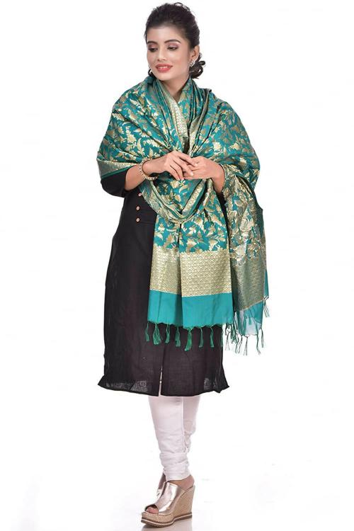 Naveera Womens Dark Green Floral Katan Silk Banarasi Handwoven Dupatta