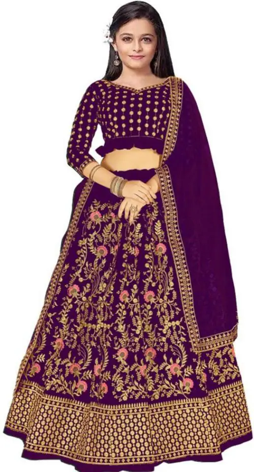 Dholazon Girls Purple Embroidered Velvet Lehenga, Choli And Dupatta Set (5-6 Years)