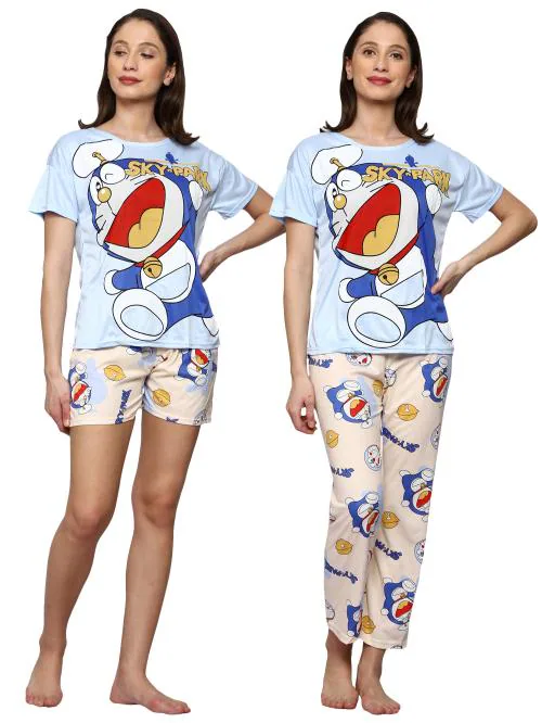AUREA Half Sleeves Cartoon Printed T-Shirt Pyjama & Shorts Night Suit 3 pcs Set for Girls & Women