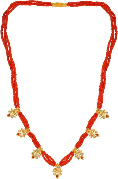 ADMIER gold plated 7 teeka hanging cz studded with red beaded Maharashtrian Thusitraditional necklace bridal mangalsutra for women