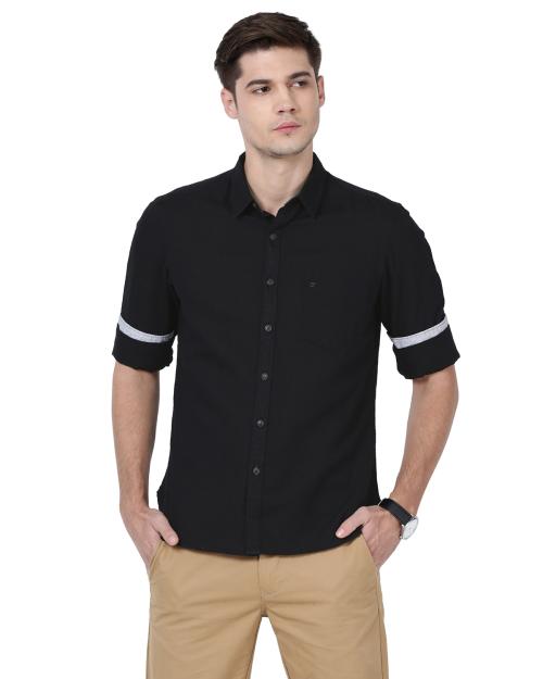 t-base Full Sleeve Cotton Linen Solid Shirt For Men - Black