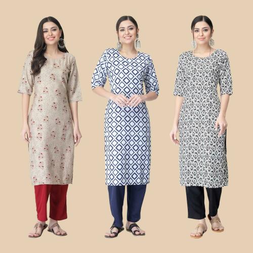 kurti for women kurti crepe kurti 1 Stop Fashion Women's Crepe Beige Digital Printed Straight Kurti Pack of-3