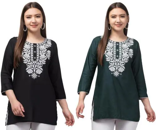 Aura Glam Women Embroidered Latest Design Rayon Fabric Round Neck With Three Quarter Sleeves Short Kurti | MultiColour Pack of 2 |Black & Green