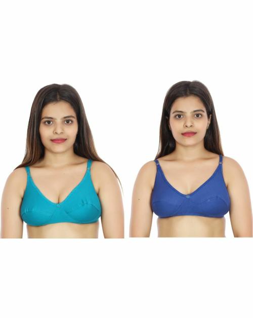 KARMUN Light Blue and Dark Blue Cotton Blend Non Padded Full Coverage Bra - 30 (Pack of 2)