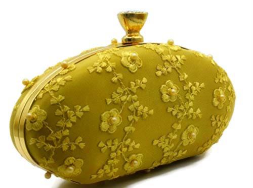 Tooba Handicraft Gold Synthetic Women Designer Clutch Bag With Chain Strap