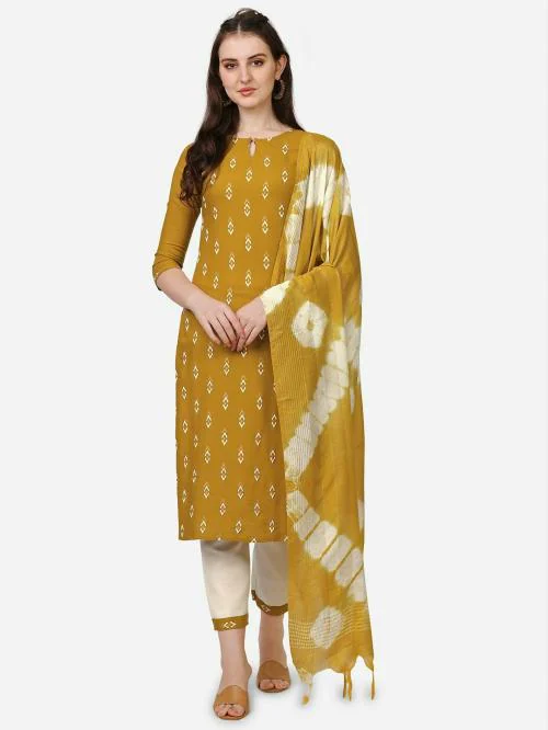 Happy Design Women Yellow Printed Viscose Rayon Kurta, Pant and Dupatta Set