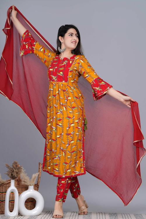 Ruvya Women Multicolour Embroidered Pure Cotton Kurta, Pant and Dupatta Set