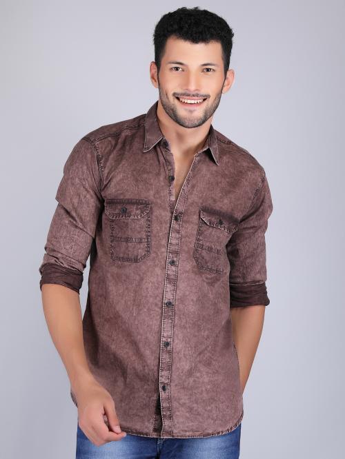 THE HELL DRIVER PLAIN PREMIUM COLORED DENIM SHIRTS,Exclusive Premium Fabric,100 % Cotton,Exclusive WINTER Collection,HEAVY DENIM STONE WASH Pure Cotton Brown Color Shirt for men