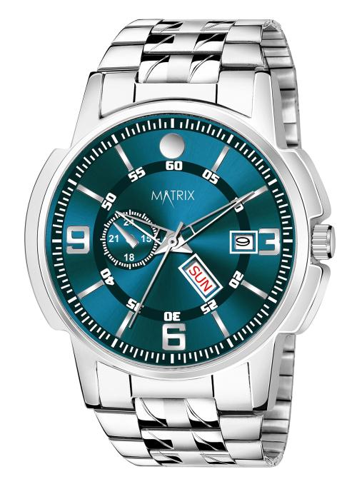 Matrix Timepiece Black, Blue, White Dial, Day & Date Functioning, Stainless Steel Strap Analog Watch For Men & Women