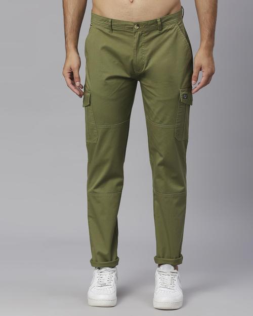 Thomas Scott Men Olive Cotton, Lycra Slim Fit Flat-Front Cargo Pants (30)