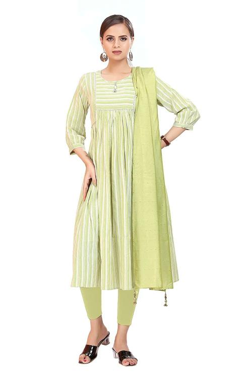 Madhuram Women Light Green Solid Cotton Straight Kurta Set