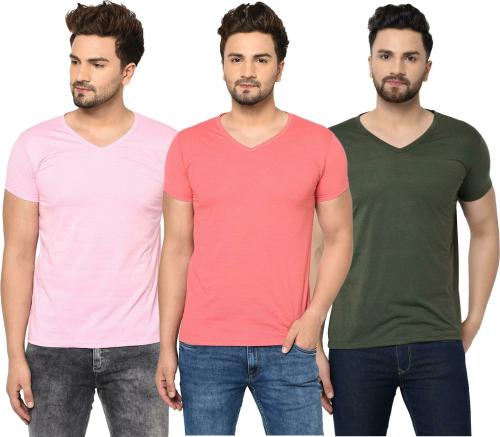 Bribzy Men Pink, Carrot, Olive Solid Cotton Blend pack of 3 T-Shirts (Small)