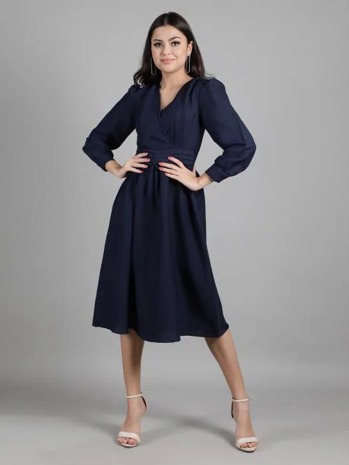 Drape and Dazzle A-Line Knee Length Navy Blue Dress for Women