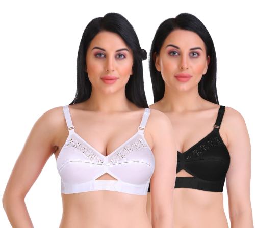 Featherline Women Multicolor Embroidered Pure Cotton Pack of 2 Minimizer Bra ( 42B ) |Embroidered |Full Coverage |Non Padded |Pure Cotton |Everyday |White |Black |Minimizer Bra |B, C, D, E Cup