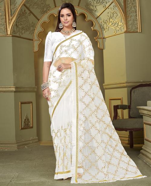 Glory Sarees Embroidered, Embellished Bollywood Net Saree (White)