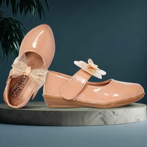 SUNMI FOOTWEAR Girl Shoes Sequins Stone Glitter Bow Knot Wedding Round-Closed Back and Loop Flat Belly Peach