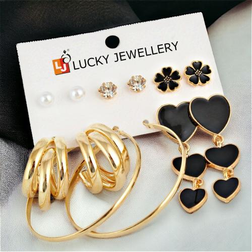 LUCKY JEWELLERY Fashion 6 Pairs Combo Set Of Latest Earrings Pearl Stone Black Color Floral Stud Tops Heart Shape Hanging Earing Gold Plated C Shaped Hoops Earring for Women & Girls (270-CHEX-1184-6)