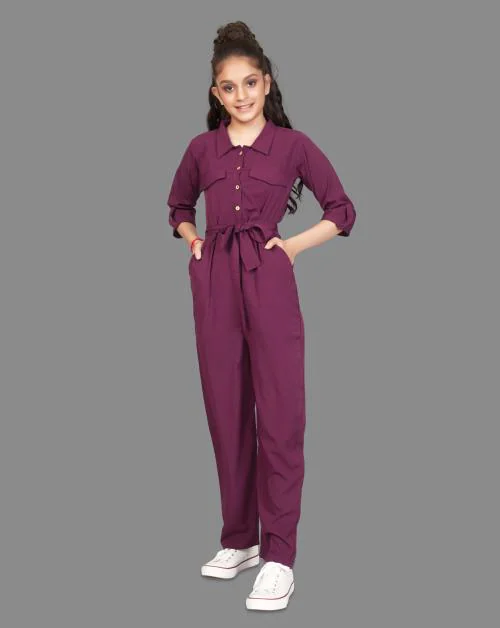 Fashion Dream Girls Wine Solid Crepe Jumpsuit | Girls Jumpsuit | Kids Wear | Jumpsuit For Girls | Jumpsuit Girls | Kids Jumpsuit