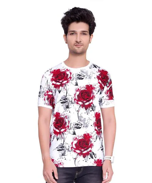 Pepp N Hagg Men Red Allover Flower Printed 100 Percent Cotton Round Neck Half Sleeve T-Shirts (M)