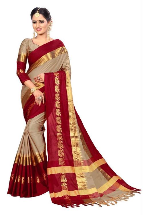 RITARC Women Khaki Cotton Silk Saree With Blouse Piece