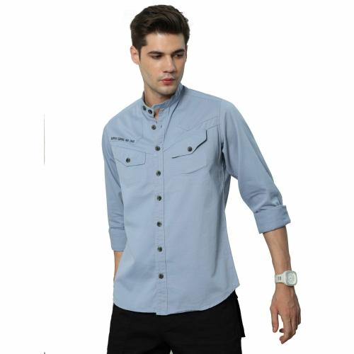 BEVDAAS Azure Adventure Solid Sky Blue Cargo Shirt for Men