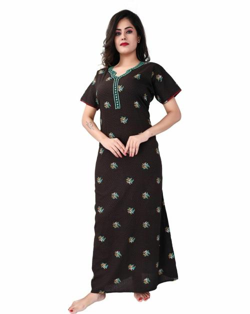 BAILEY SELLS Women Brown Printed Cotton Blend Nighty - Free Size | Free Size Nighties & Nightgowns | Brown Nighties & Nightgowns | Cotton Blend Nighties & Nightgowns | Night wear | Sleep wear
