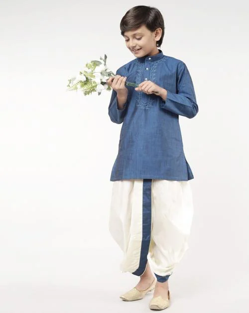 RAMRAJ COTTON Boys Art Silk Blue/Cream Solid Kurta & Panchakacham Dhoti Set