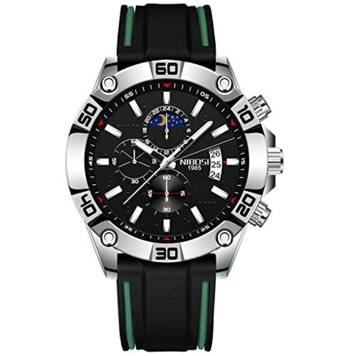 NIBOSI Fashion Chronograph Black Green Silicon Band Big Dial Watch For Men