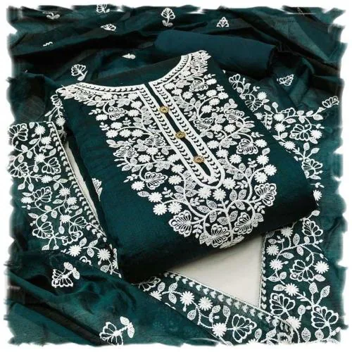 Sidhidata Women's Heavy Cotton Embroidery Work Unstitched Salwar Suit Dress Material With Chanderi Work Dupatta Rama