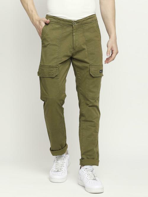 Spykar Cactus Green Cotton Slim Fit Regular Length Trousers For Men