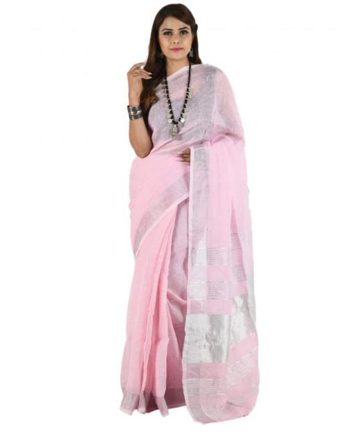Radiant Fashion Women Pink Linen Slub Saree With Contrast Paipin And Blouse