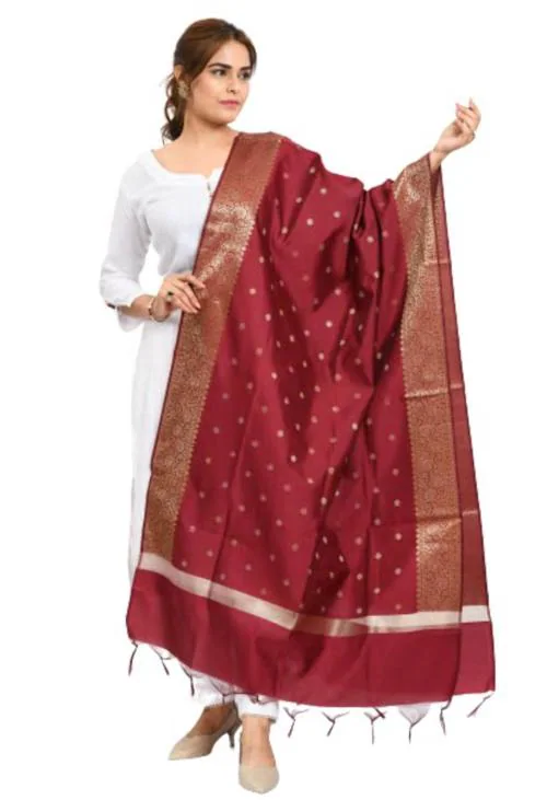 Moeza Women Maroon Silk Woven Design Banarasi Dupatta