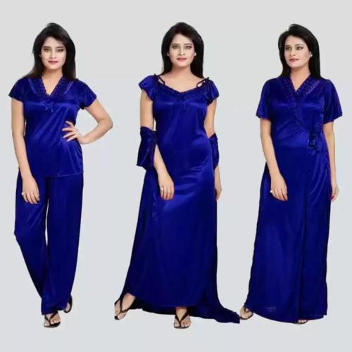 Loody'S Women Blue Pure Satin Set Of 3 Night Dress (Free Size) | Pure Satin Nighties | Free Size Nighties | Night wear | Sleepwear / Night Dress