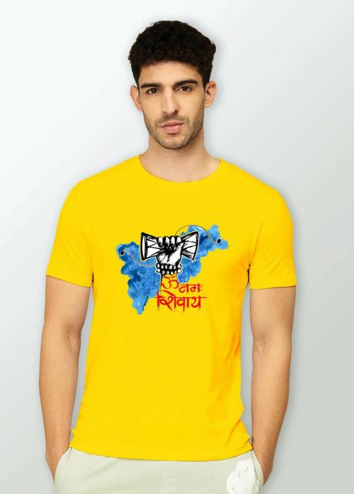 Estaban Men Yellow Blue Om Namah Shivay Printed Polyester T-Shirt (L)