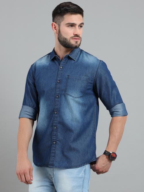 Regrowth Men Dark Blue Shades Denim Casual Shirt - S