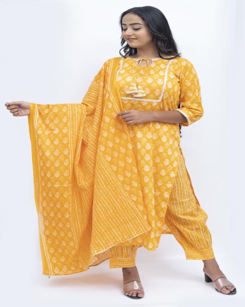 Kaliyan Jodhpuri Orange Color Pure Cotton Printed Kurta Pant Dupatta Set for Girls and Women