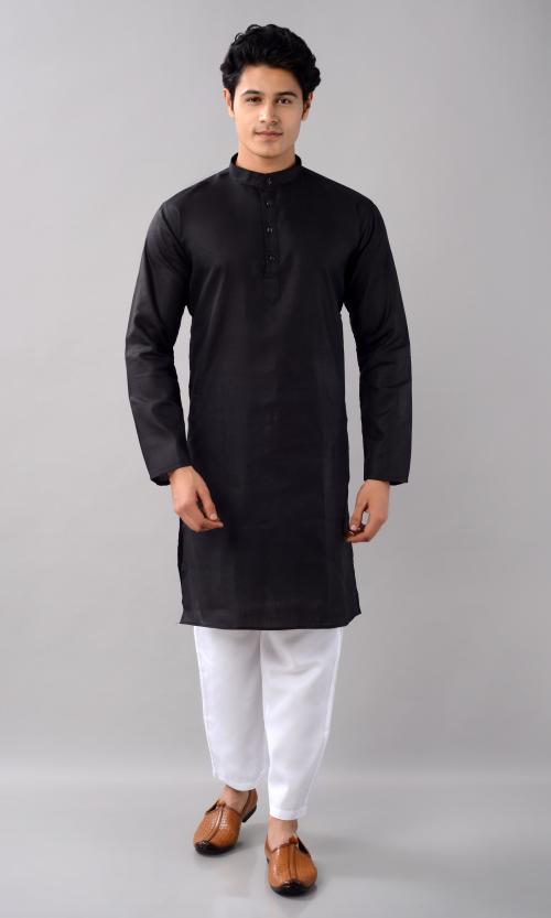 Villain Solid Kurta Pyjama Set For Men (Black Kurta,White Pyjama)