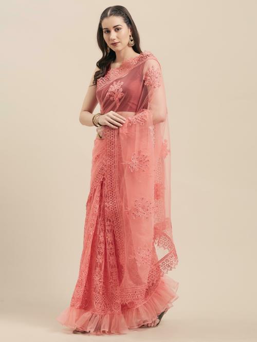 Tikhi Imli Pink Net Saree With Machine Embroidery