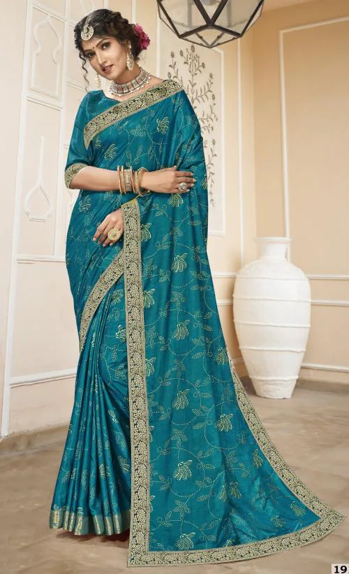 Bhakti Nandan Hot Fix Machine Diamond Work Dola Silk Kalamkari saree for Women (Petrol)