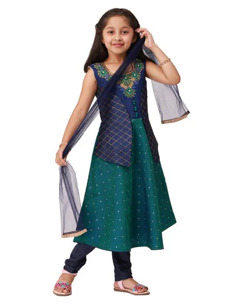 Aswini Girls Jacket Style Salwar Suit | Readymade Indian Girls Churidar Salwar Suit Jacket Style Top (Green,12-13 Years)