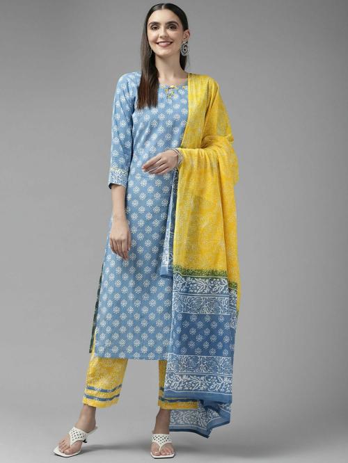 Yufta Women Blue & Yellow Ethnic Motifs Pure Cotton Kurta with Palazzo & Dupatta
