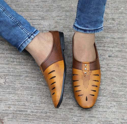 Mr. Cobbler Men's Back Open Laser Cut Design Classic Ethnic Slip On Sandals (Tan)