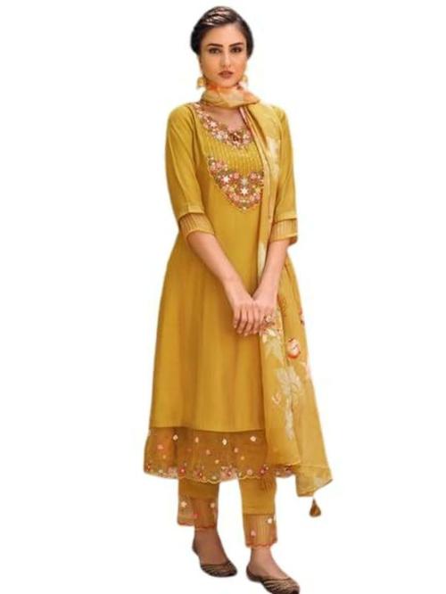 ROZLAND Women's Embroidered Muslin Regular Fit 3/4 Sleeve Lightweight Casual Wear Kurti Pant with Printed Dupatta