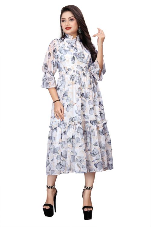 SHEChoice FAB Women's Georgette Floral Print Dress | Stylish & Lightweight | Elegant Sleeveless Design | Perfect for Casual & Party Wear | Comfortable Fit & Flowy Silhouette-(White)-XL