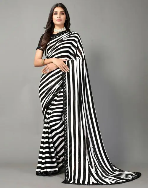 Dream Crushers Women's Georgette Black & White Striped Saree Bollywood Style Zebra Printed Lining Pattern Border with Blouse Piece