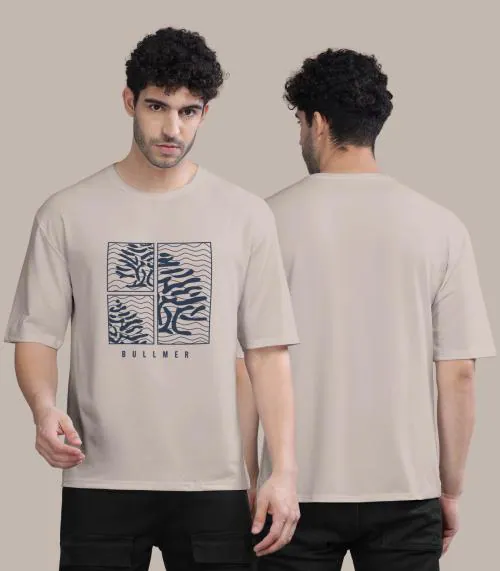 BULLMER Oversized Beige Front Printed / Colourblock Baggy / Oversized Tshirt for Men