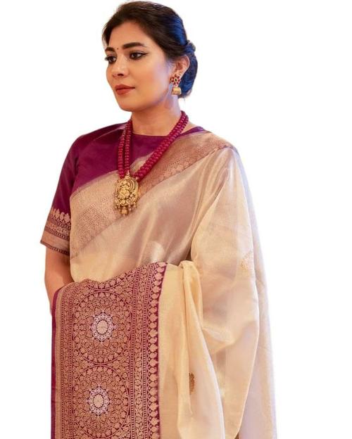 Yugly Womens Banarasi Silk Sarees With Blouse Piece, Free Size (Purple)